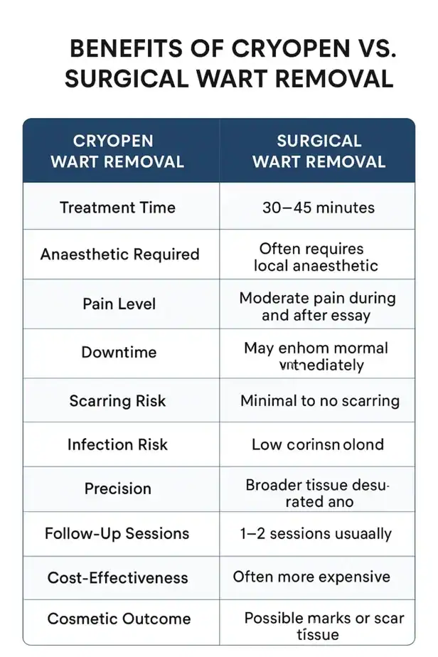 Table showing the benefits of cryopen to remove warts Alton compared to surgical treatment